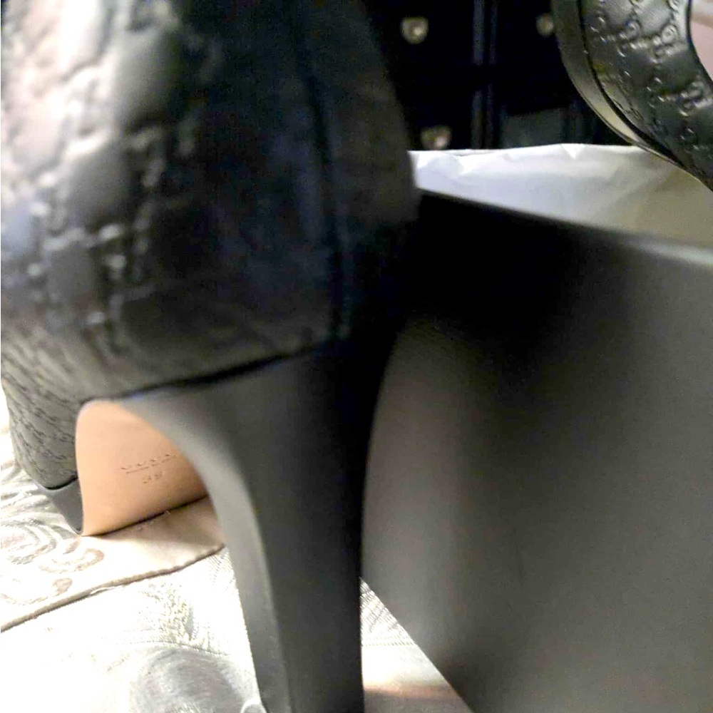 Gucci Black Monogram Leather Peep Toe Heels